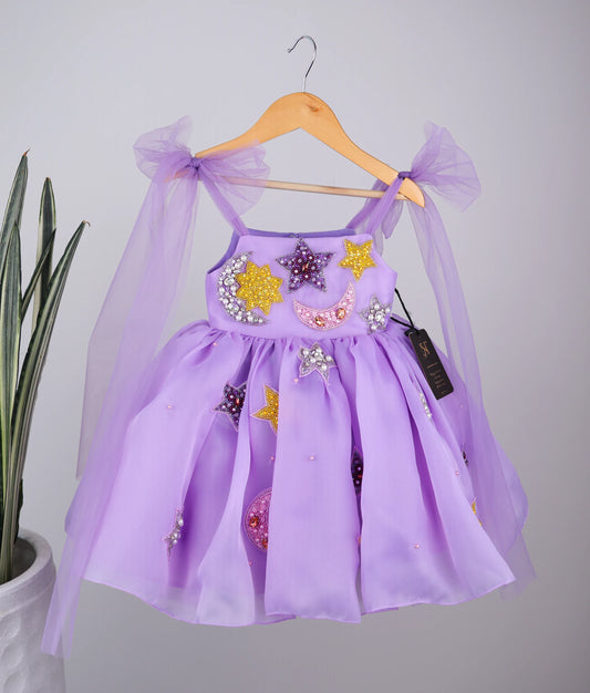 Lavender Handworked Plain Organza Sky Theme Dress For Baby Girl [Pre order:5345]