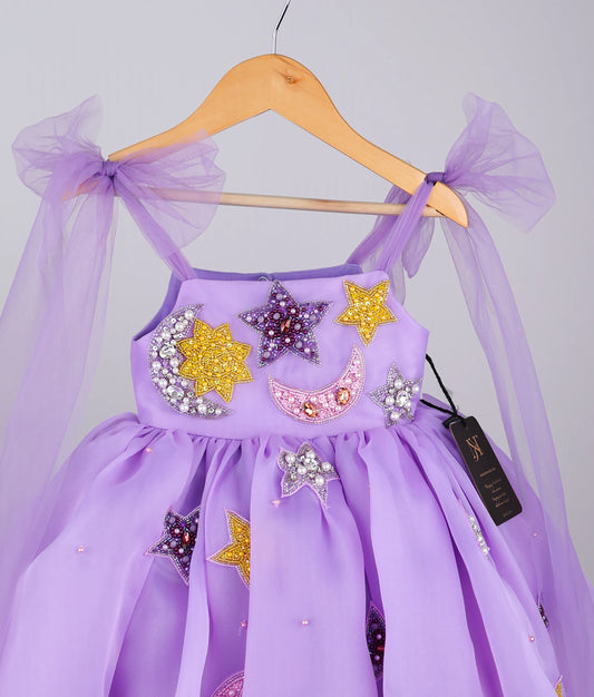 Lavender Handworked Plain Organza Sky Theme Dress For Baby Girl [Pre order:5345]