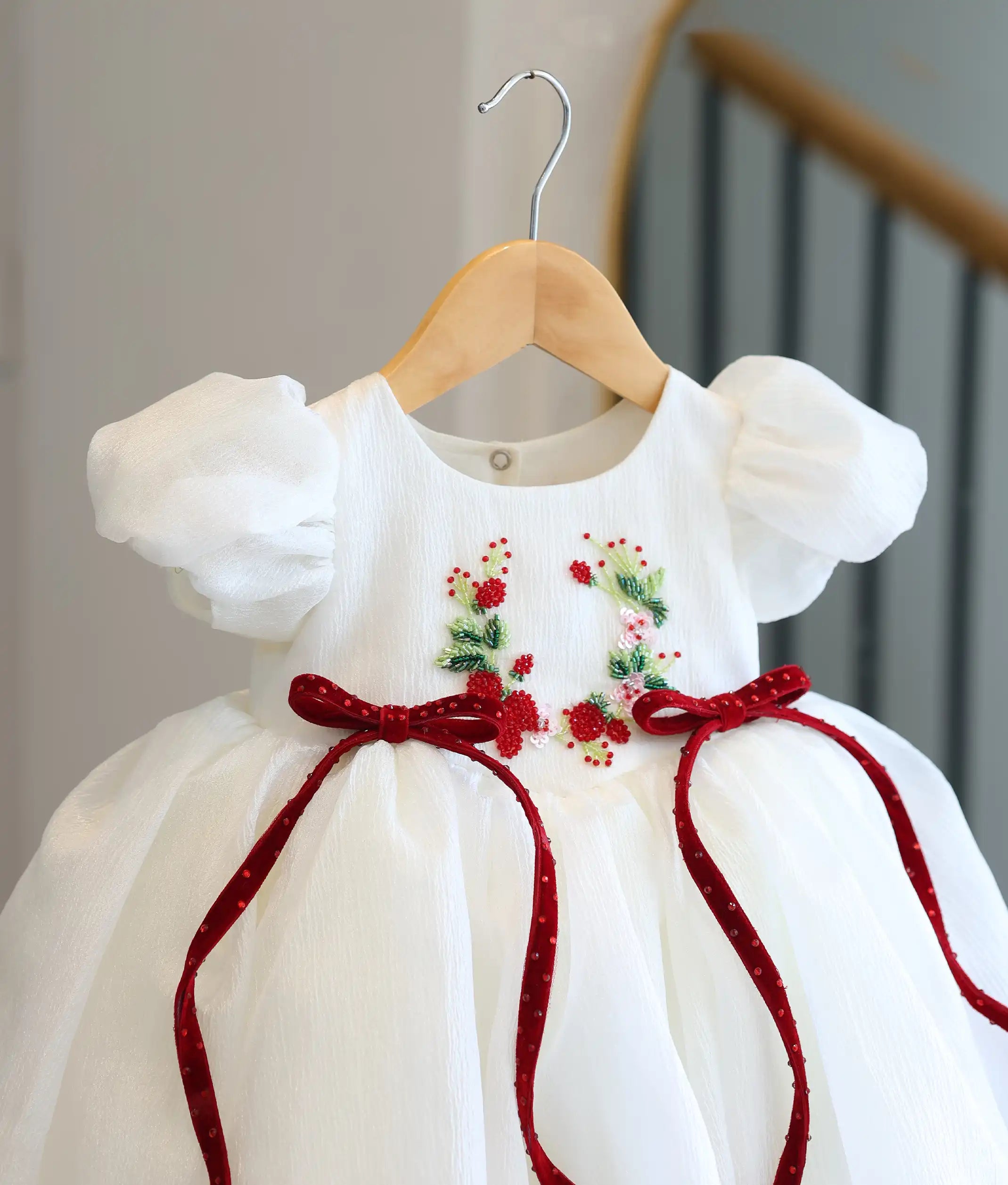 Off-White Crush Organza Handworked Stawberry Theme Frock for Baby Girl [Pre Order: 5384]