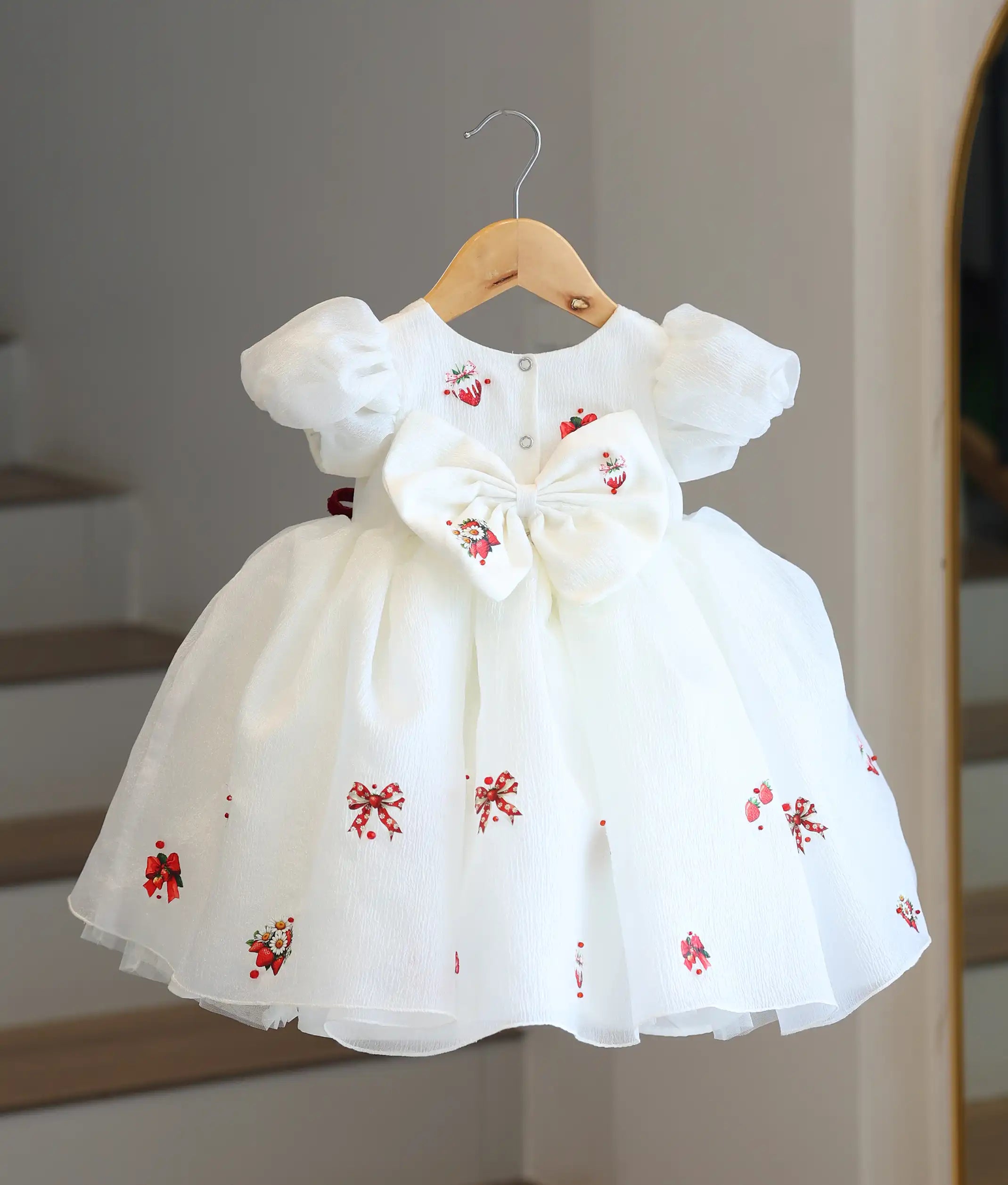 Off-White Crush Organza Handworked Stawberry Theme Frock for Baby Girl [Pre Order: 5384]