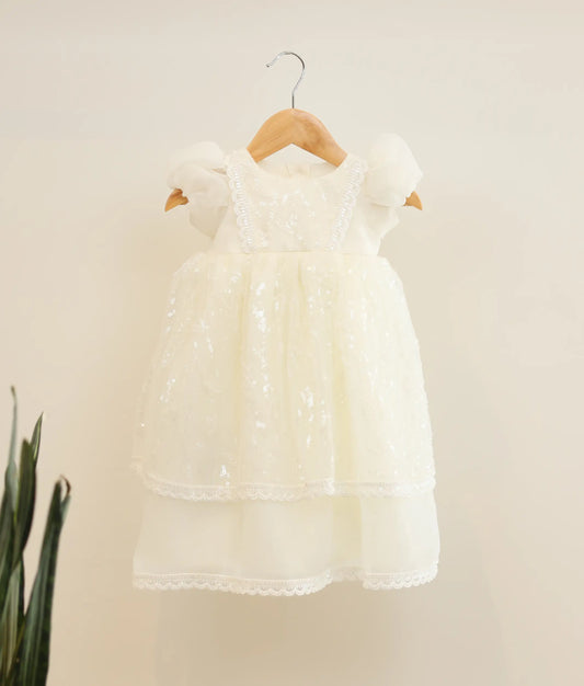 Front view of off-white plain organza work material baptism gown 
