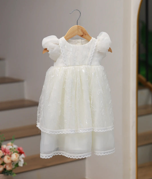 Off White plain Organza Work material Baptism Gown For Baby Girl [Ready to Ship :5385]