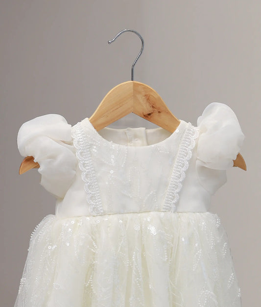 Off White plain Organza Work material Baptism Gown For Baby Girl [Ready to Ship :5385]