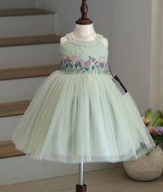 Pastel Green Tulle Net Hand worked Birthday Frock for Baby Girl [5386]