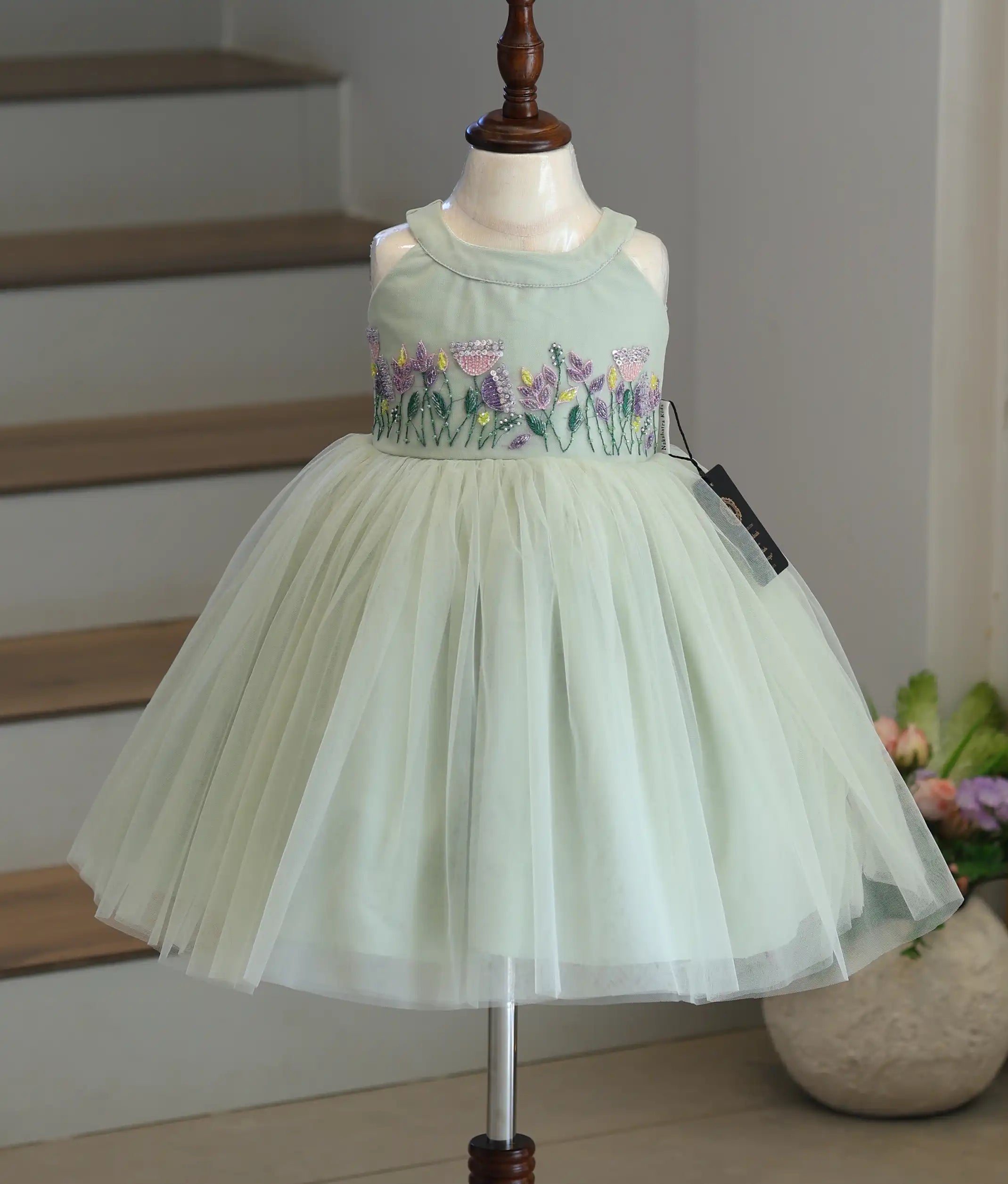 Pastel Green Tulle Net Hand worked Birthday Frock for Baby Girl [5386]