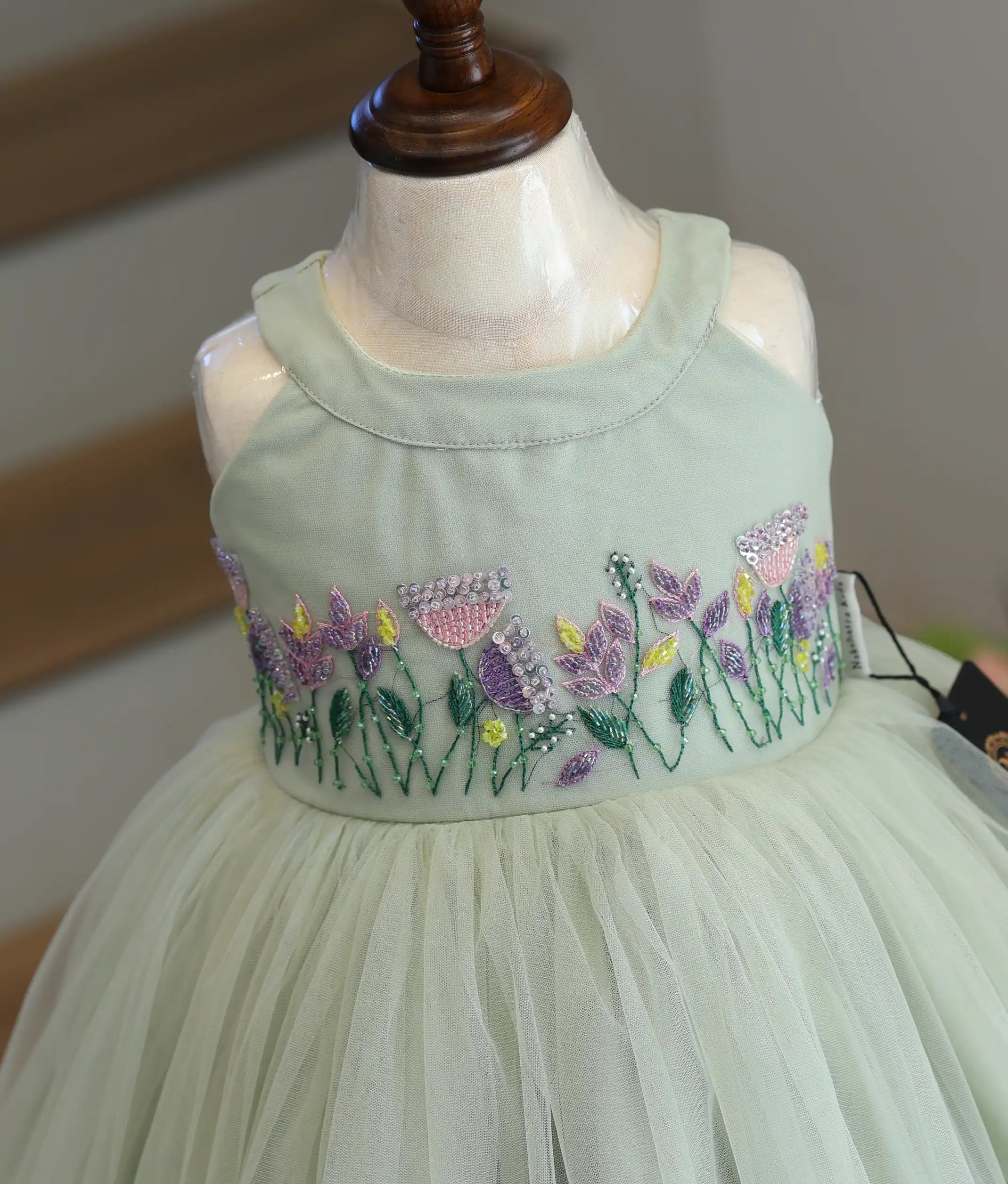 Pastel Green Tulle Net Hand worked Birthday Frock for Baby Girl [5386]