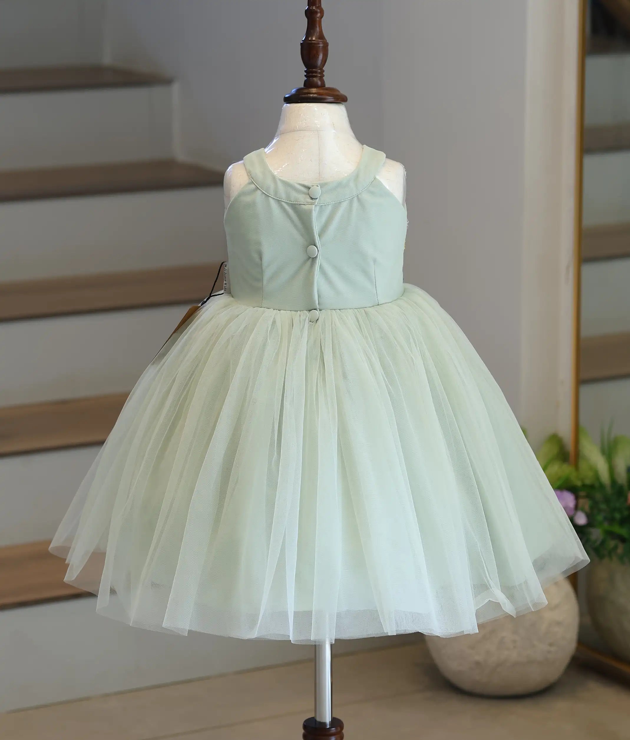 Pastel Green Tulle Net Hand worked Birthday Frock for Baby Girl [5386]