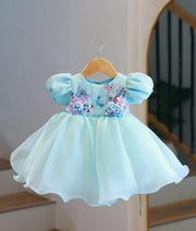 Powder Blue Plain Organza Handworked Birthday Dress for Baby Girl [5393A]