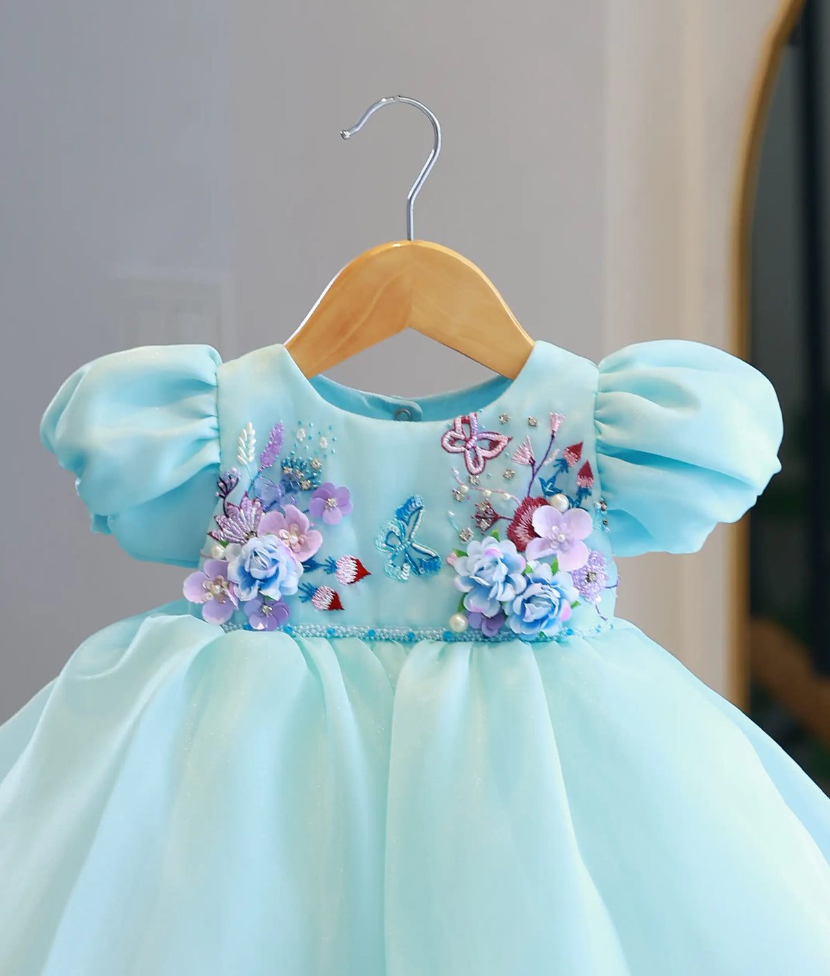 Powder Blue Plain Organza Handworked Birthday Dress for Baby Girl [5393A]