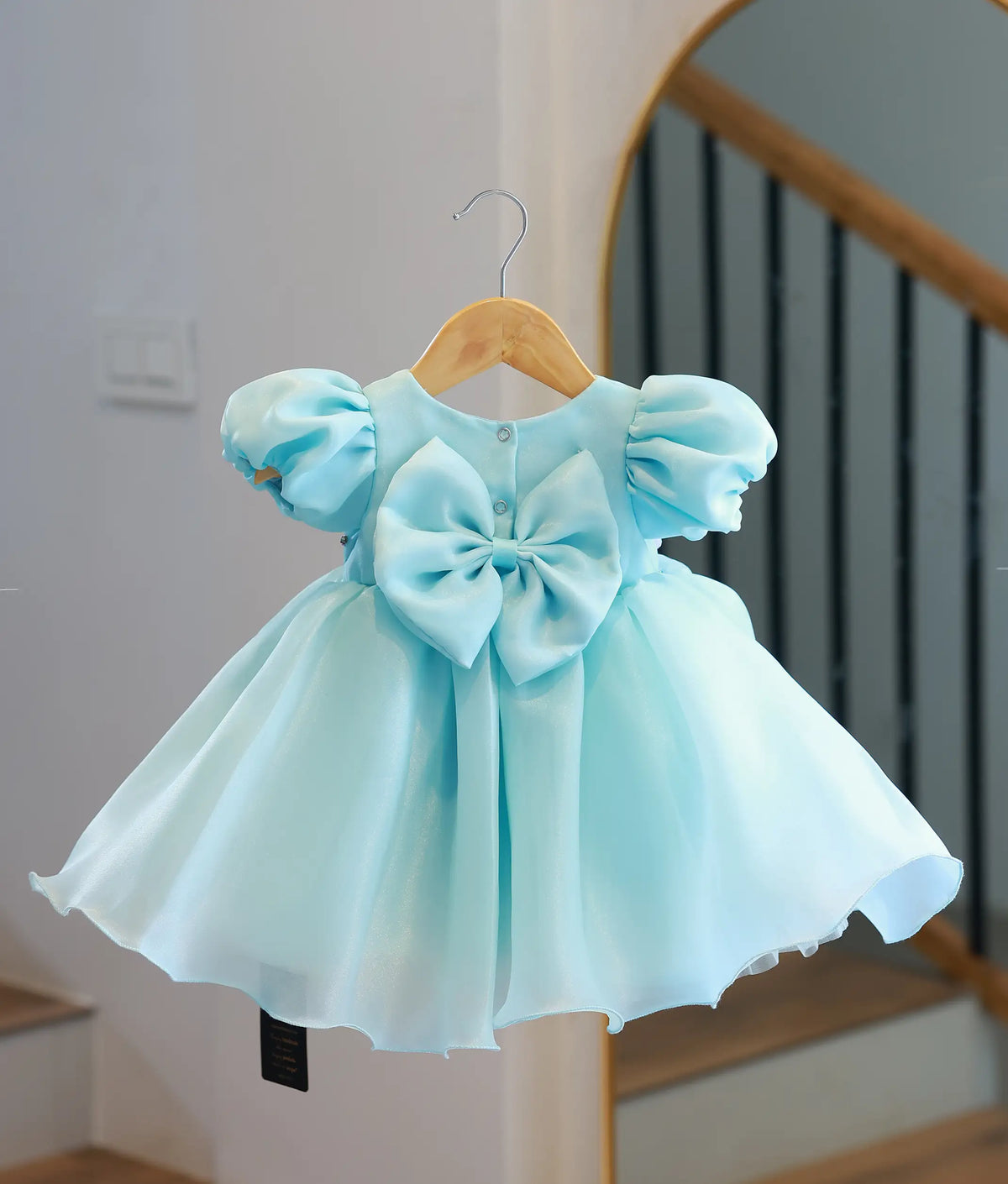 Powder Blue Plain Organza Handworked Birthday Dress for Baby Girl [5393A]