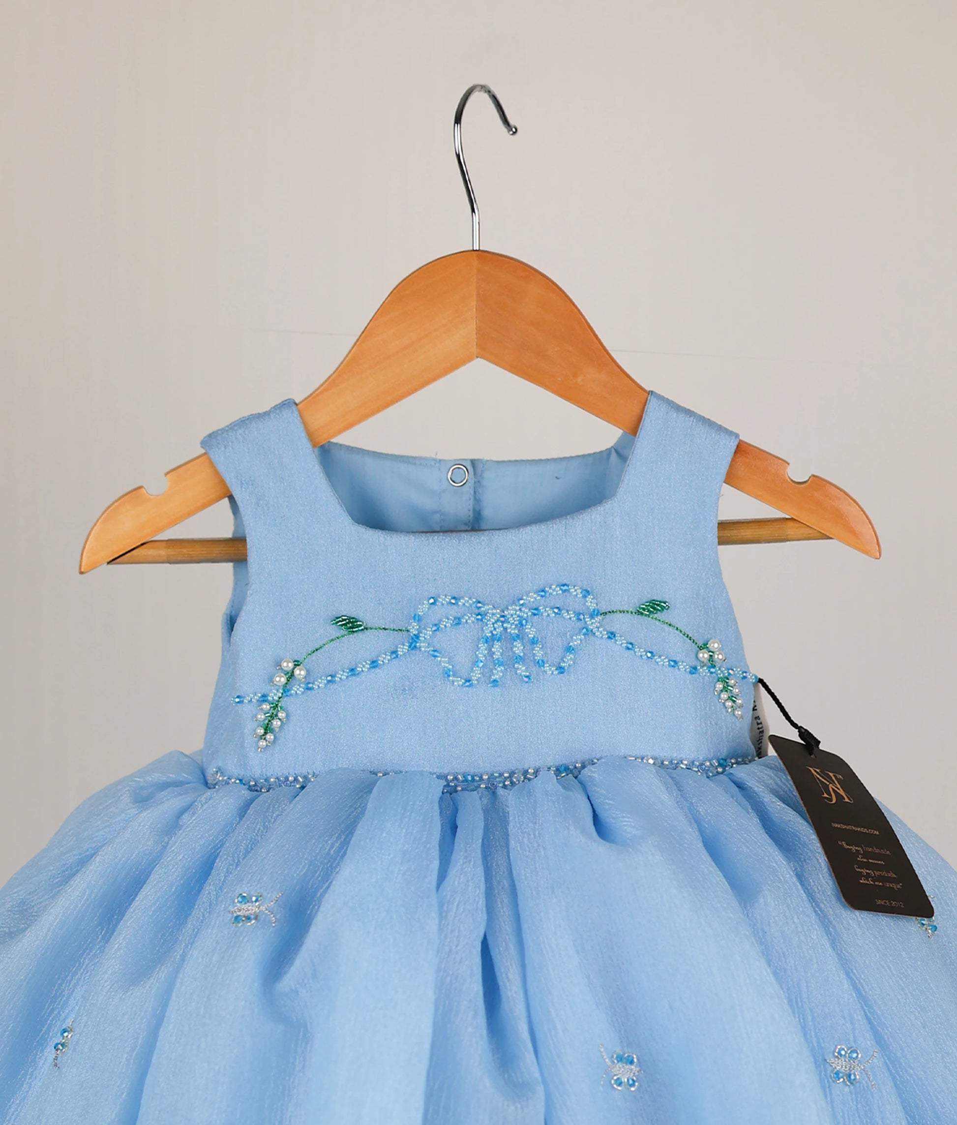 Elegant blue organza floral handworked premium frock 