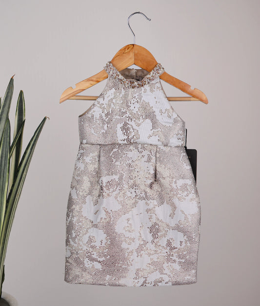 Gold Jacquard Organza Fish Cut Birthday Frock For Baby Girl [Ready to ship:5424]