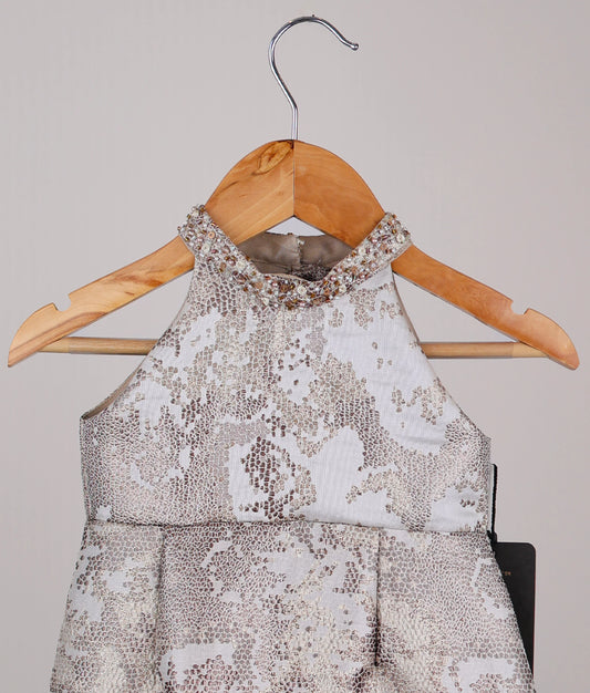 Gold Jacquard Organza Fish Cut Birthday Frock For Baby Girl [Pre Order: 5424]