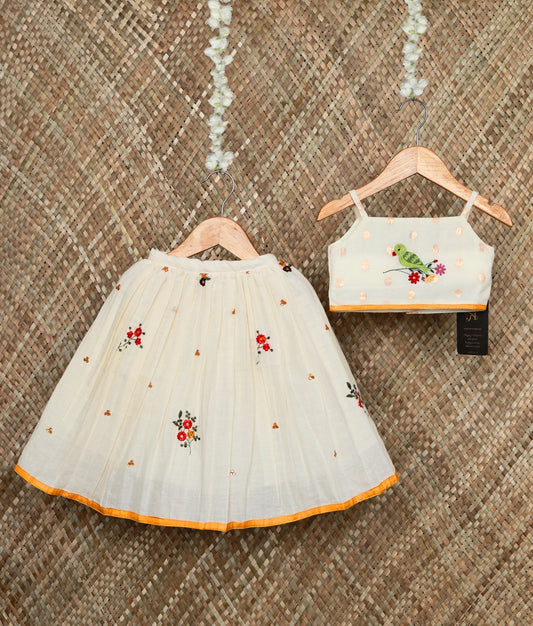 Off-white Cotton Embroidery Top With Floral Embroidery Skirt For Baby Girl [Ready To Ship: 5435]