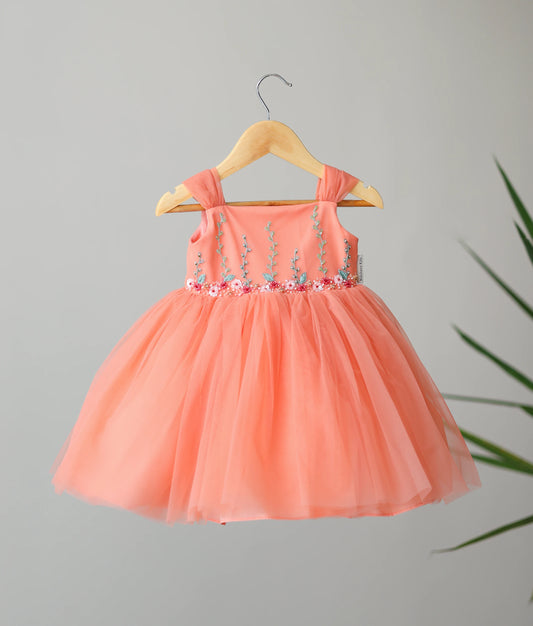 Front view of an pastel peach tulle net floral embroidery and handwork birthday frock against white background