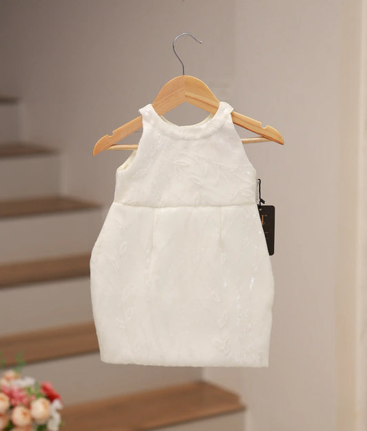 Off-White Work Material Fish Cut Frock For Baby Girl [Ready To Ship: 5456]