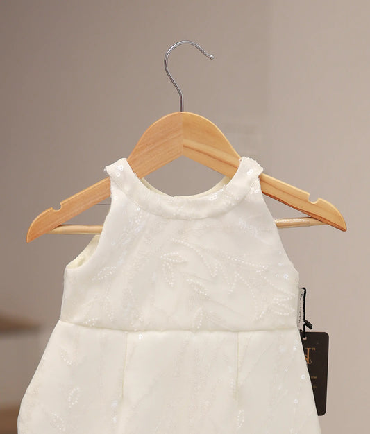 Off-White Work Material Fish Cut Frock For Baby Girl [Ready To Ship: 5456]
