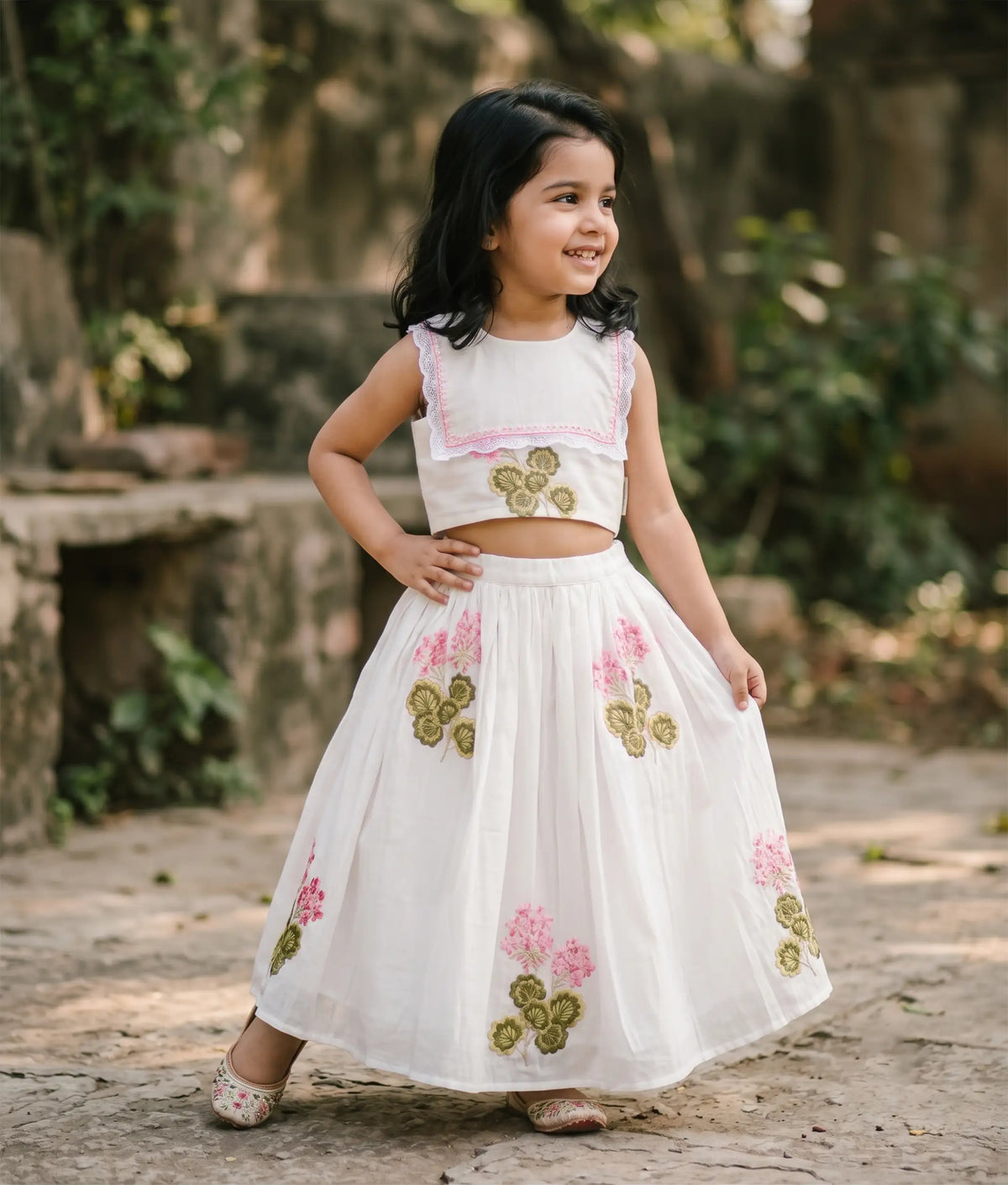 Off-White Floral Embroidery Cotton Skirt and Top For Baby Girl [5469]