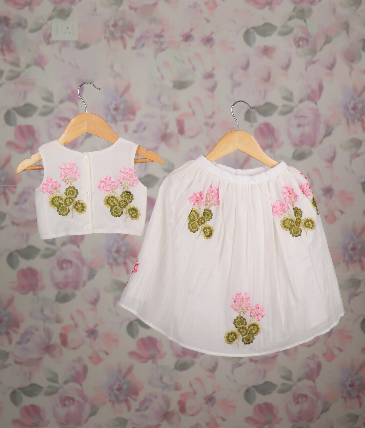 Off-White Floral Embroidery Cotton Skirt and Top For Baby Girl [5469]