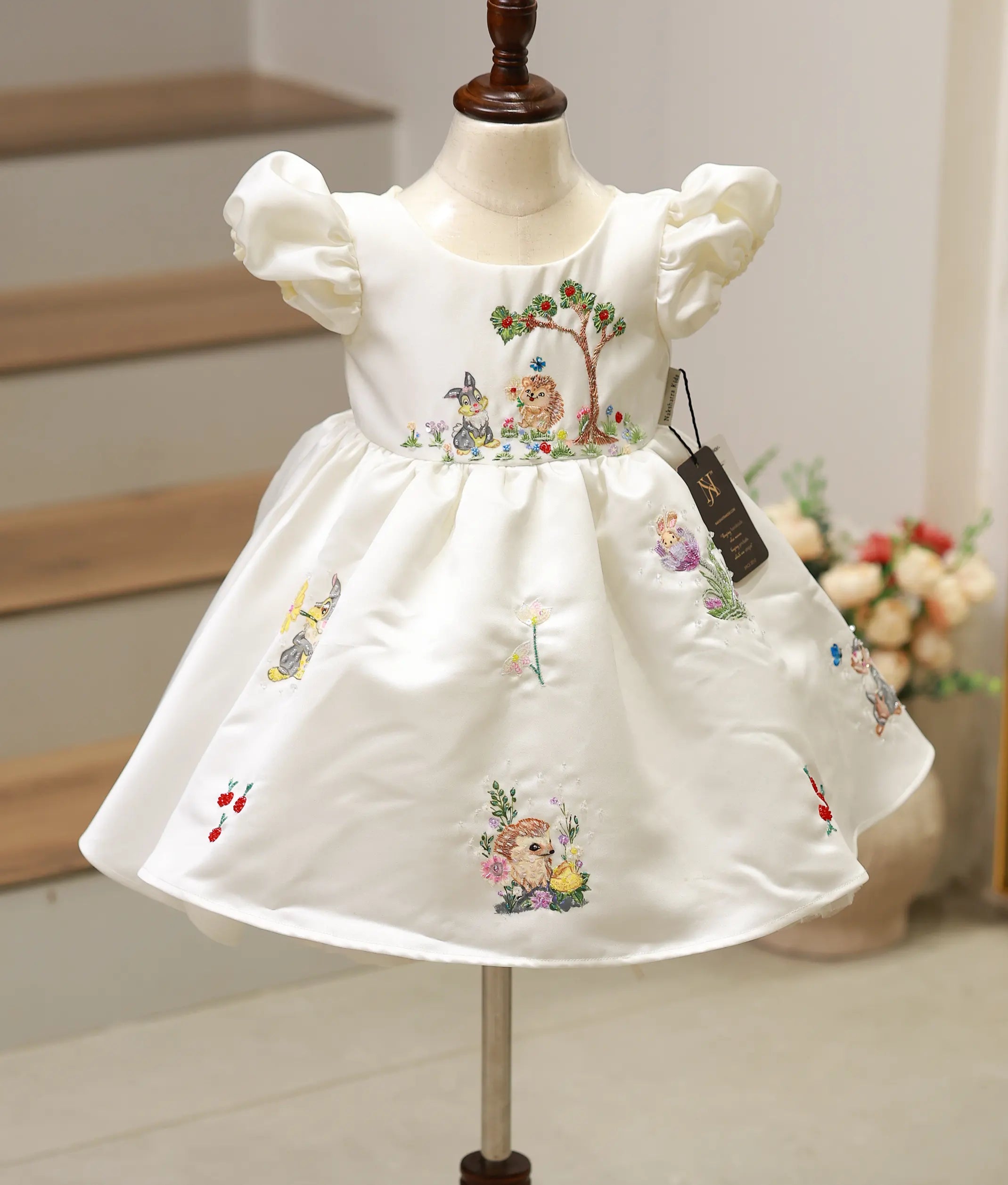 Off-white Satin Bunny and hedgehog Theme Dress For Baby Girl [Pre Order: 5471]