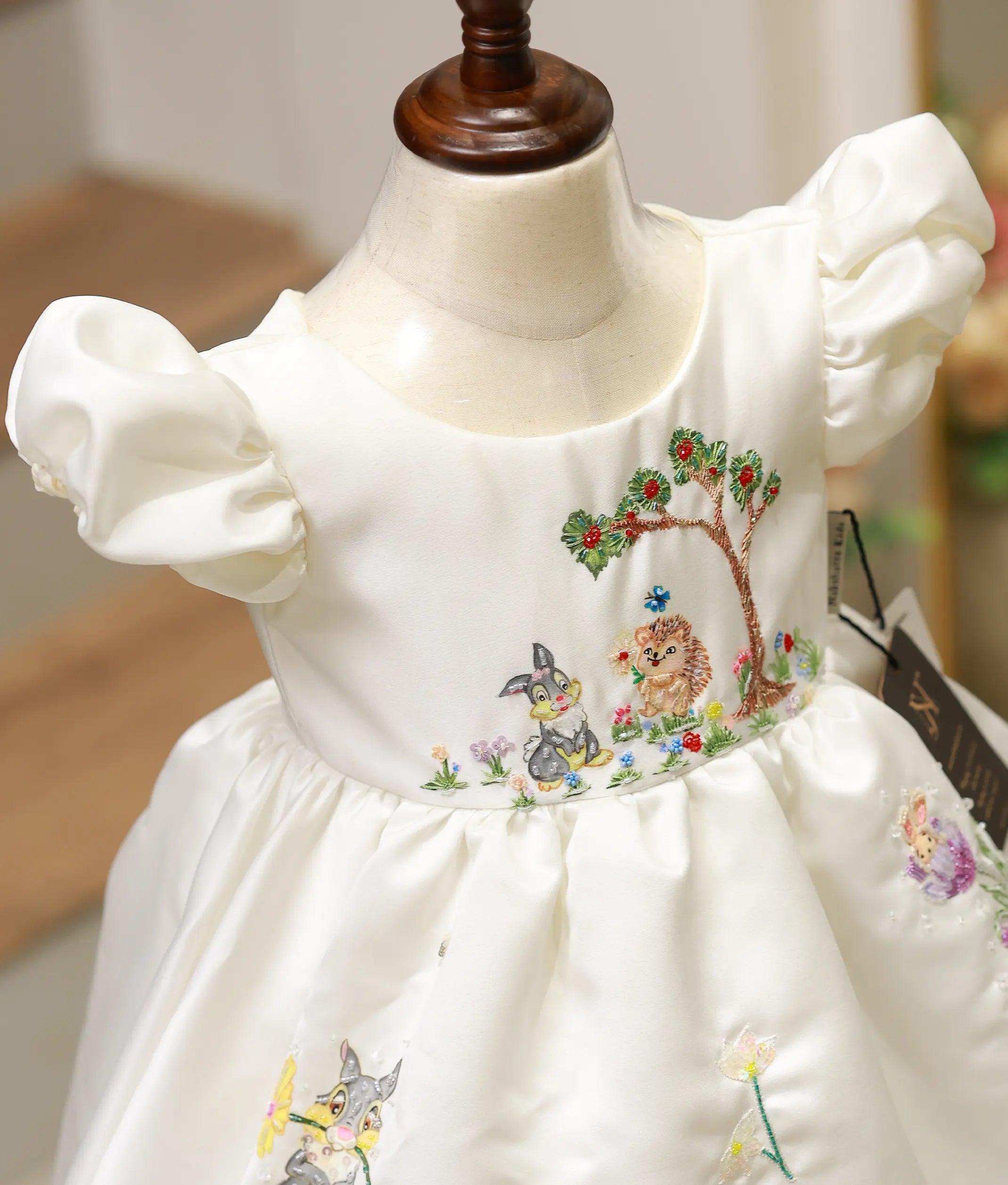 Off-white Satin Bunny and hedgehog Theme Dress For Baby Girl [Pre Order: 5471]