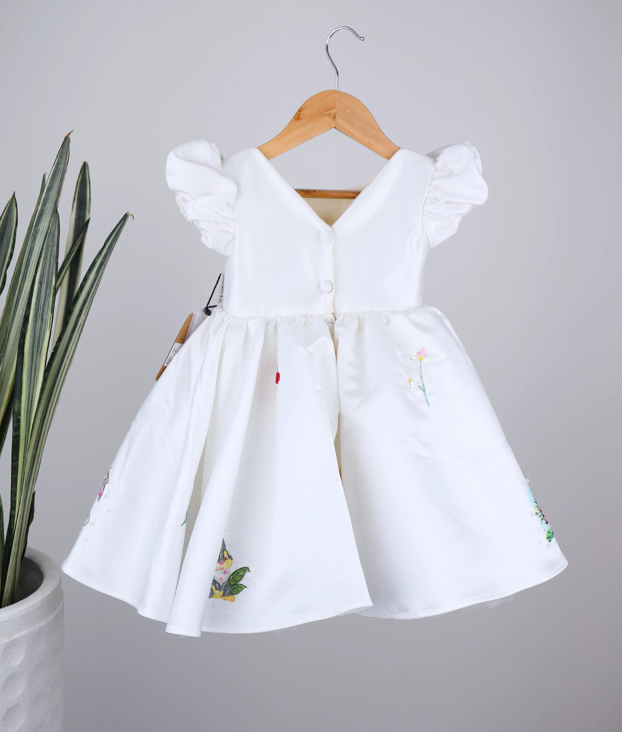 Off-white Satin Bunny and hedgehog Theme Dress For Baby Girl [Pre Order: 5471]