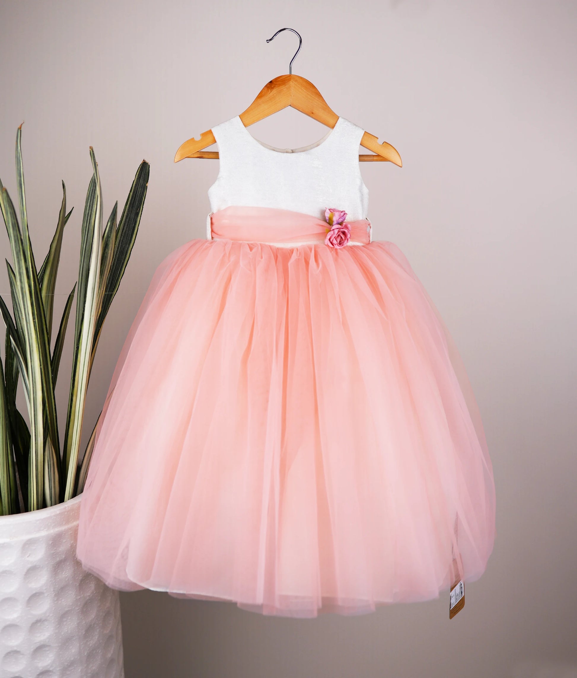 Front view of milan foil yoke with peach skirt birthday frock with white background 