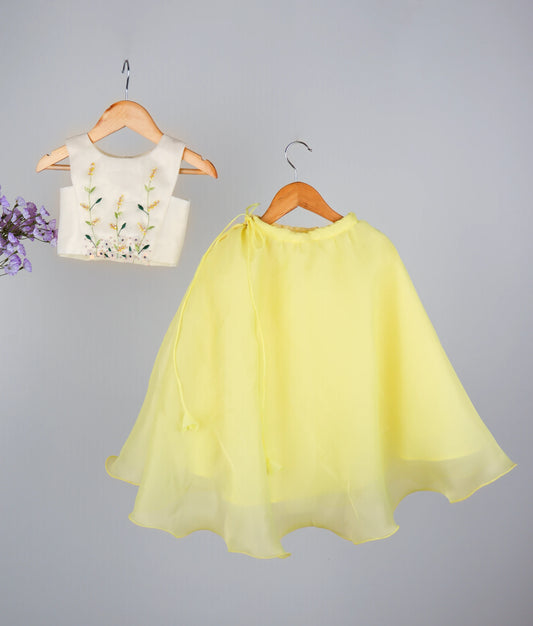 Offwhite Shimmer Organza Handworked Short Top With Yellow Full Length Skirt For Baby Girl [Ready to ship :5480]