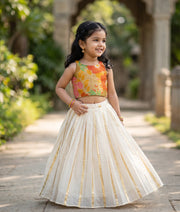 Multi-shade Crepe Banarasi Top With Kasavu Skirt For Baby Girl [5489]