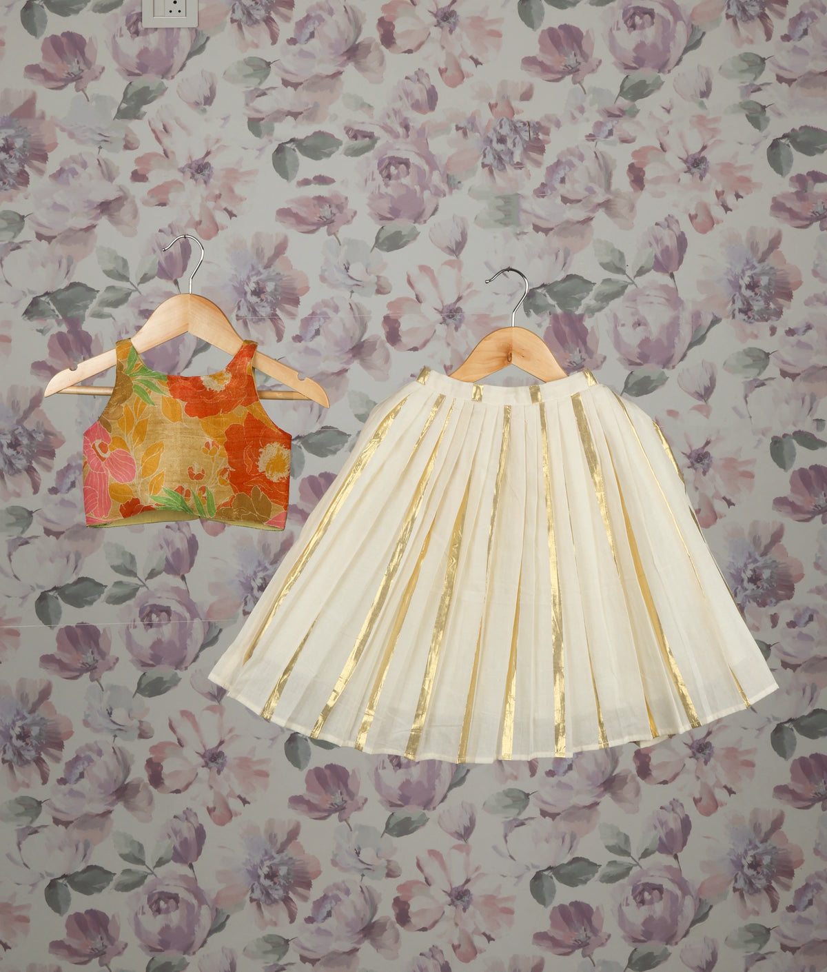 Multi-shade Crepe Banarasi Top With Kasavu Skirt For Baby Girl [5489]
