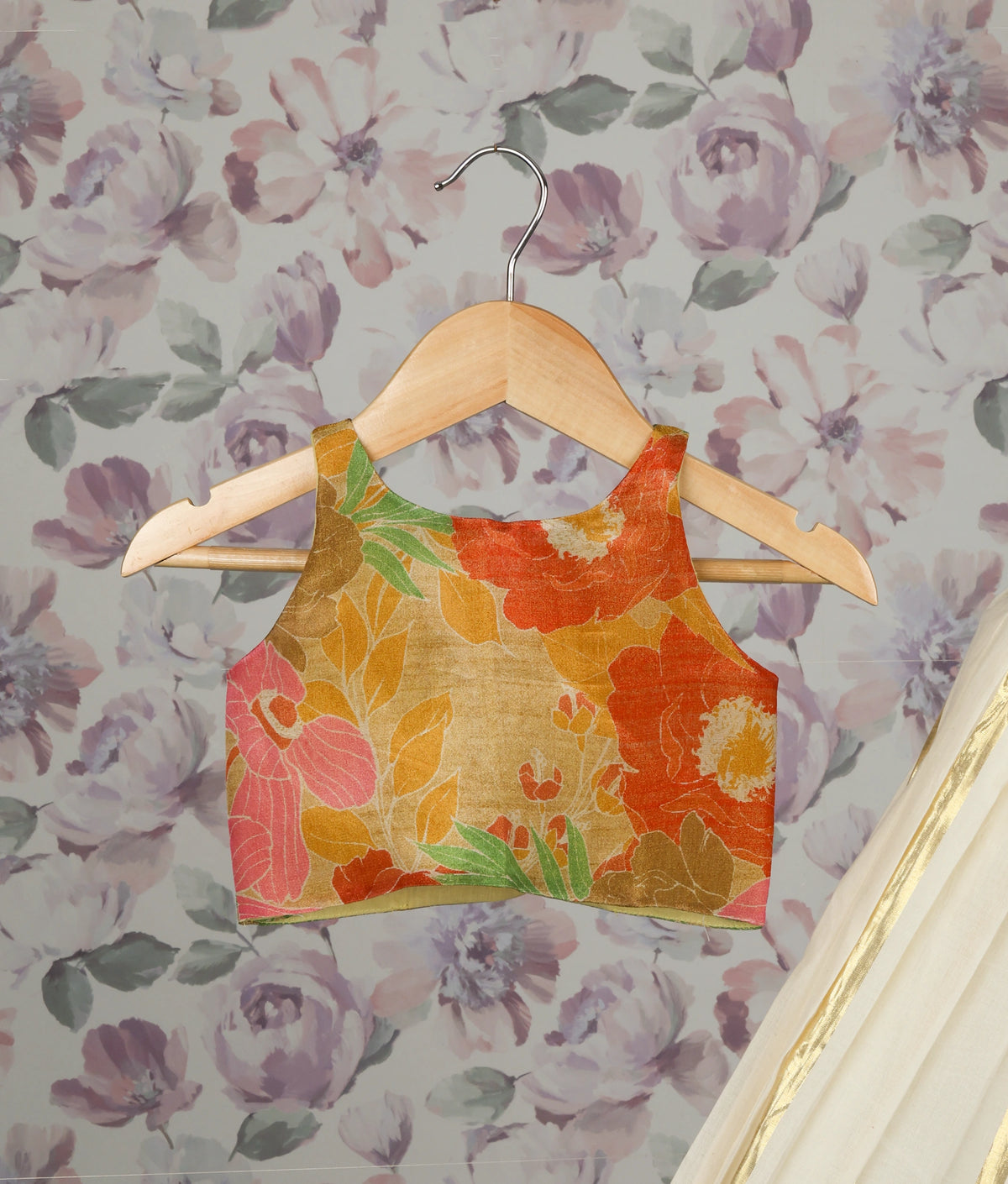 Multi-shade Crepe Banarasi Top With Kasavu Skirt For Baby Girl [5489]