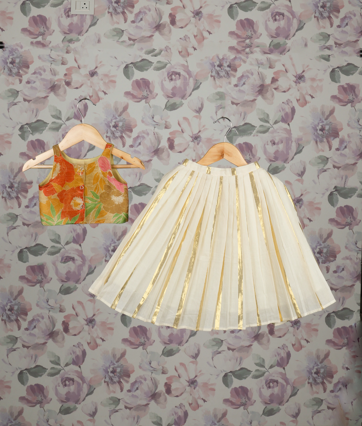 Multi-shade Crepe Banarasi Top With Kasavu Skirt For Baby Girl [5489]