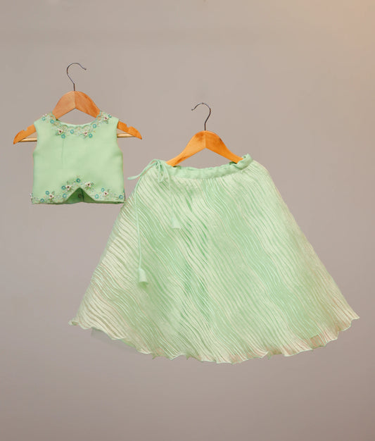 Kids' pastel green lehenga choli with floral handworked top and tucked organza skirt.