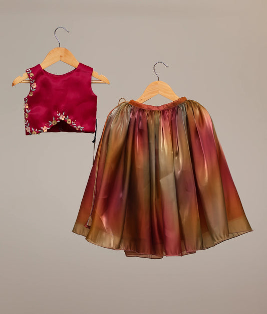 Rani pink lehenga for kids with floral handwork. Multicolored skirt for girls.