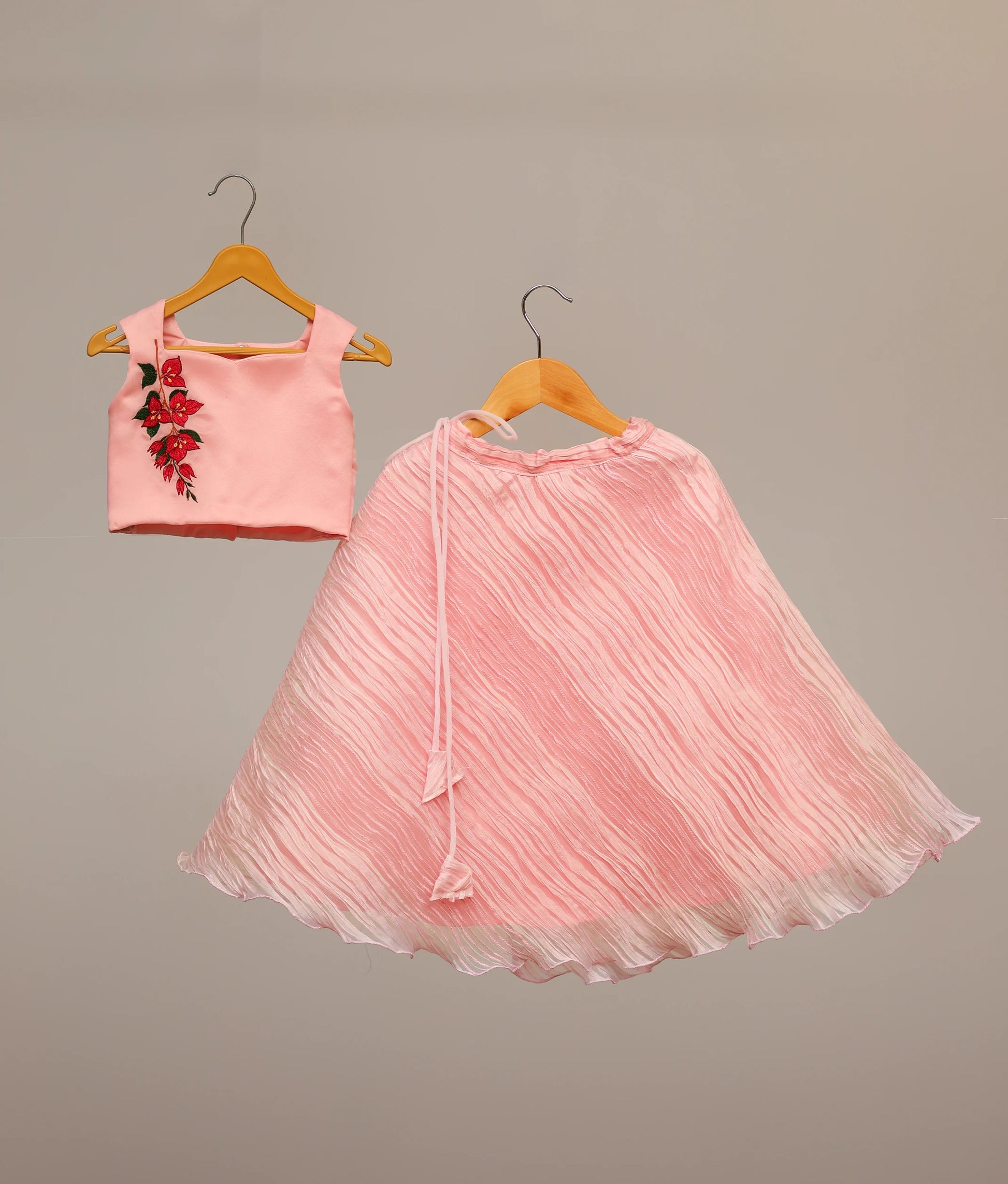 kids' pink lehenga choli with floral embroidered top and tuck organza skirt