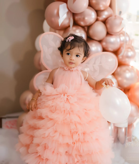 Powder peach halter-neck handworked birthday gown