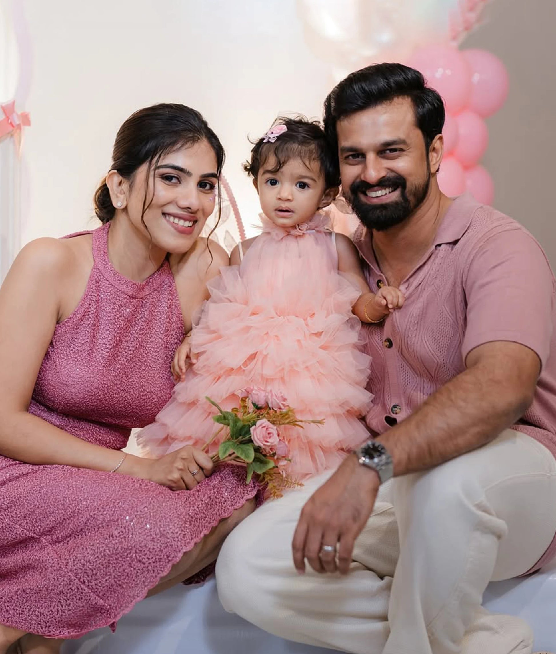Powder peach halter-neck handworked birthday gown
