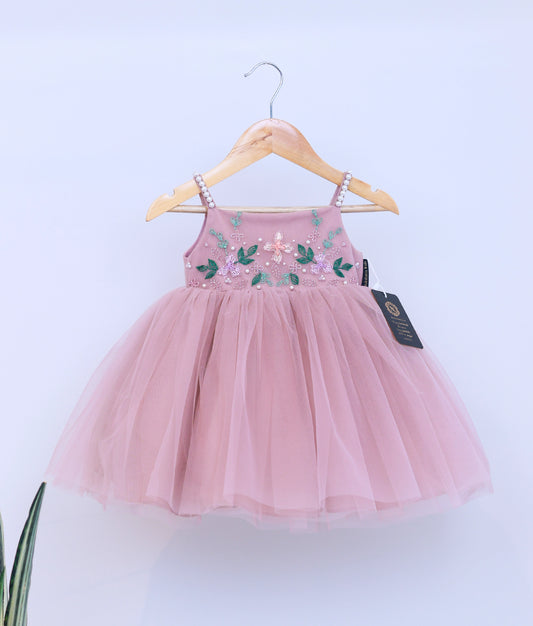 Beige Tulle Net Handworked Birthday Frock For Baby Girl [Ready To Ship: 5539]