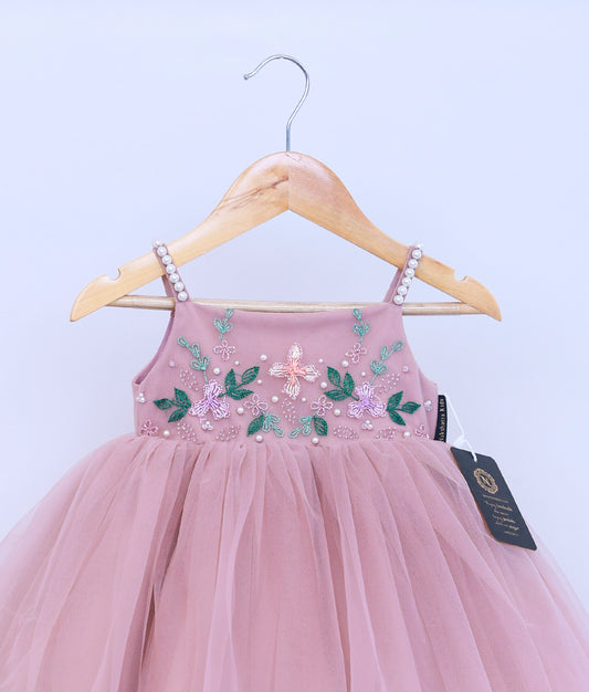 Beige Tulle Net Handworked Birthday Frock For Baby Girl [Ready To Ship: 5539]