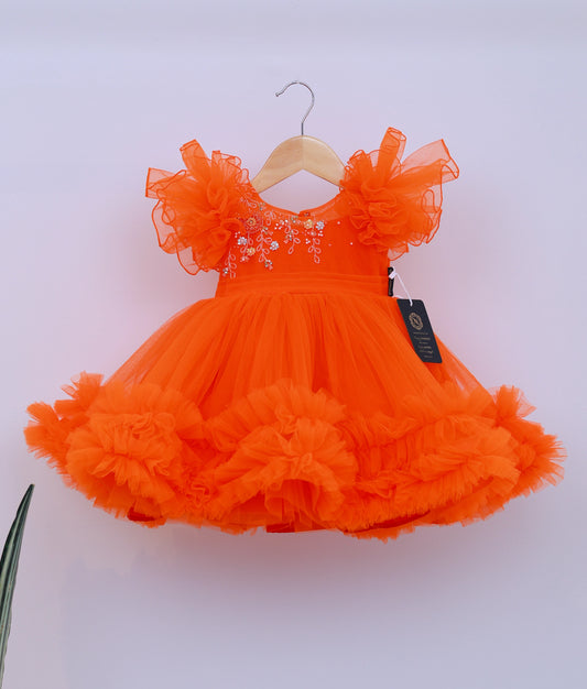 Orange Tulle Net Handworked Birthday Frock For Baby Girl [Ready To Ship: 5542]