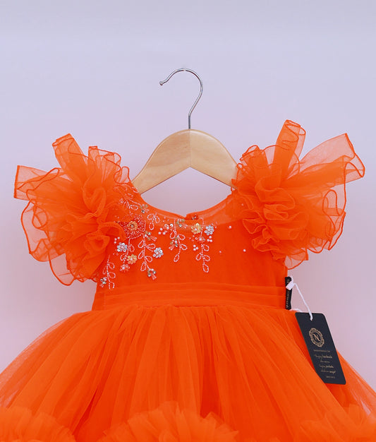 Orange Tulle Net Handworked Birthday Frock For Baby Girl [Ready To Ship: 5542]