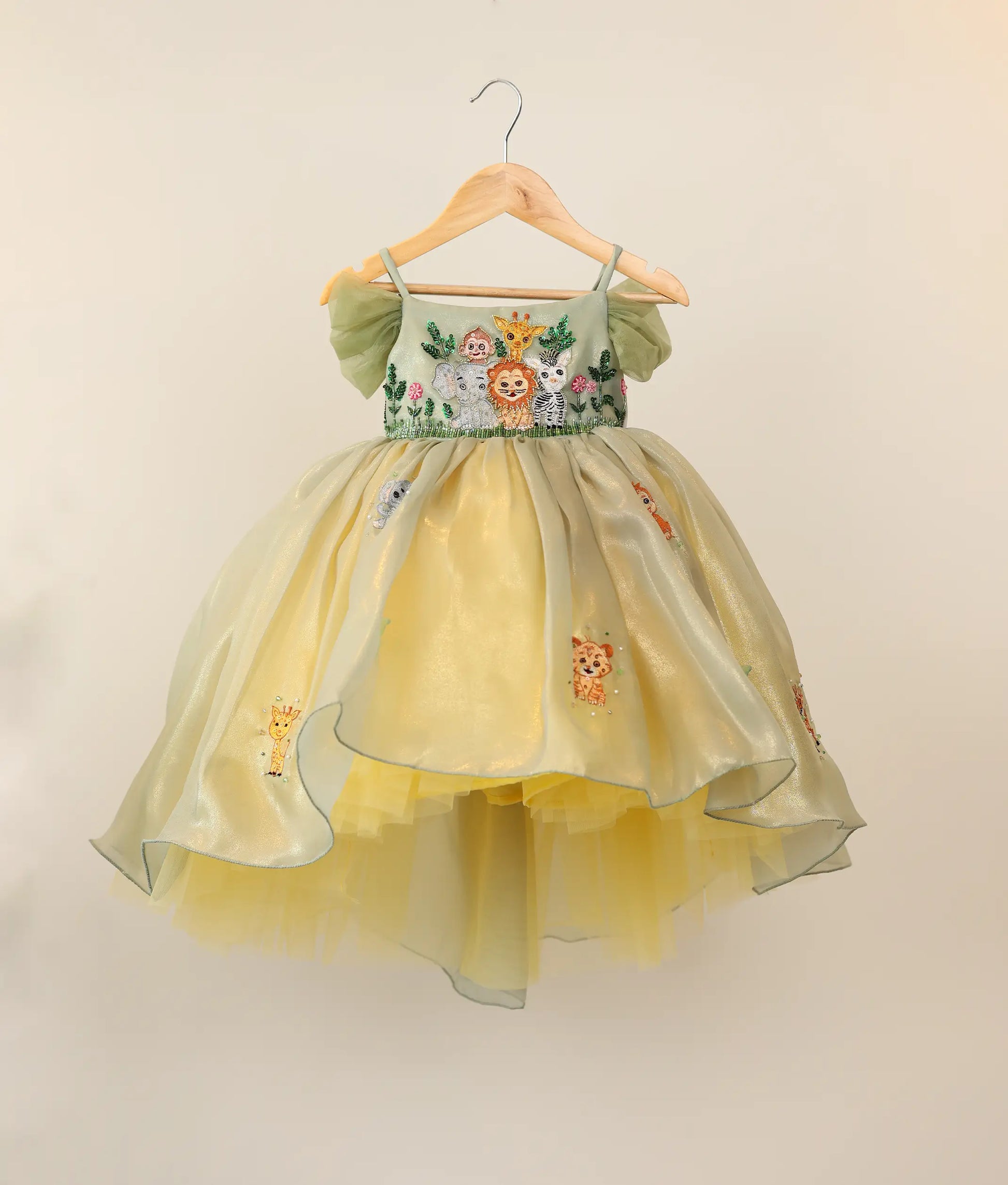 Pastel green floral embroidery jungle-themed birthday dress for baby girl 
