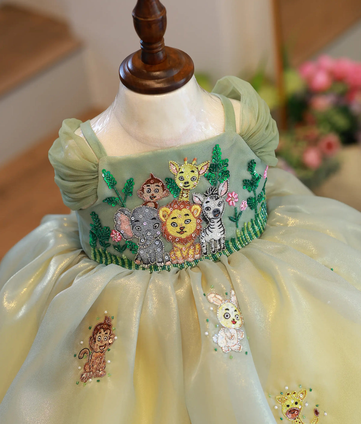 Sage Green Plain Organza Handworked High Low Jungle Theme Frock for Baby Girl [Pre Order: 5547]