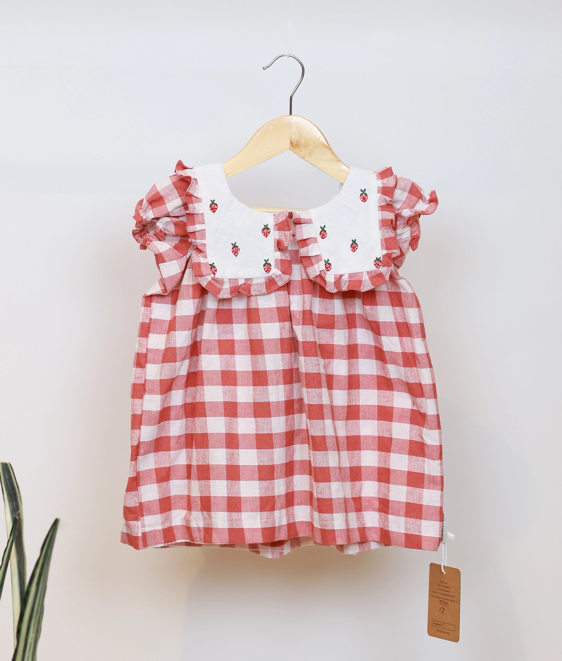 Red Check Embroidered Collar Cotton Christmas Frock For Baby Girl [5555]