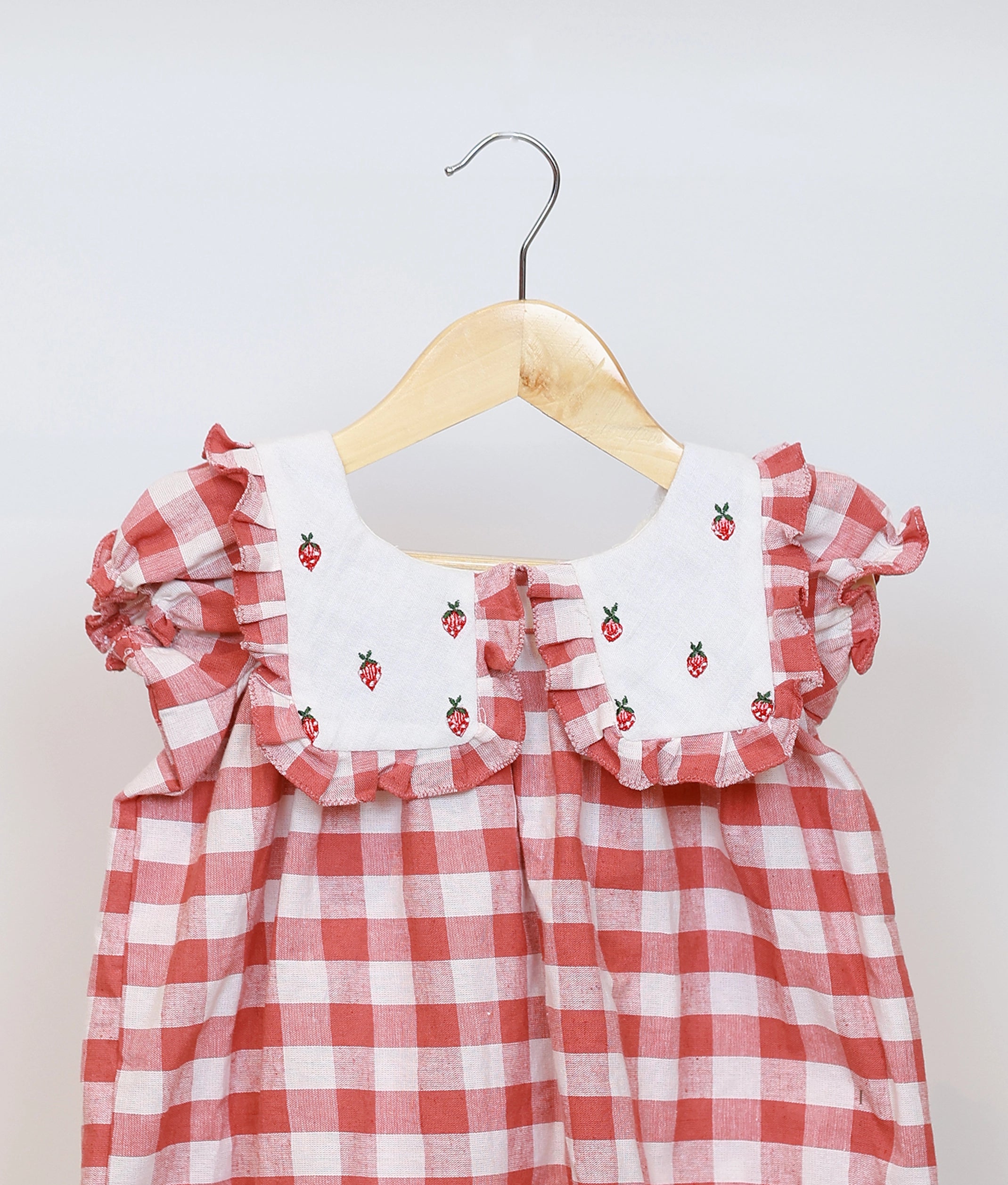 Red Check Embroidered Collar Cotton Christmas Frock For Baby Girl [5555]