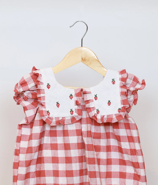 Red Check Embroidered Collar Cotton Christmas Frock For Baby Girl [Ready To Ship: 5555]