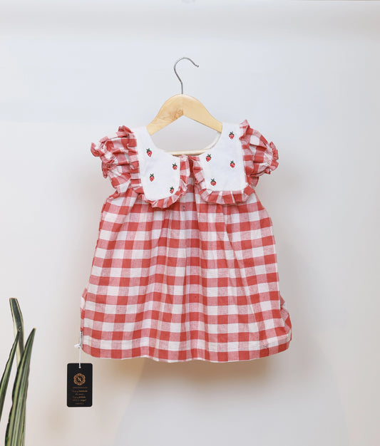 Red Check Embroidered Collar Cotton Christmas Frock For Baby Girl [Ready To Ship: 5555]