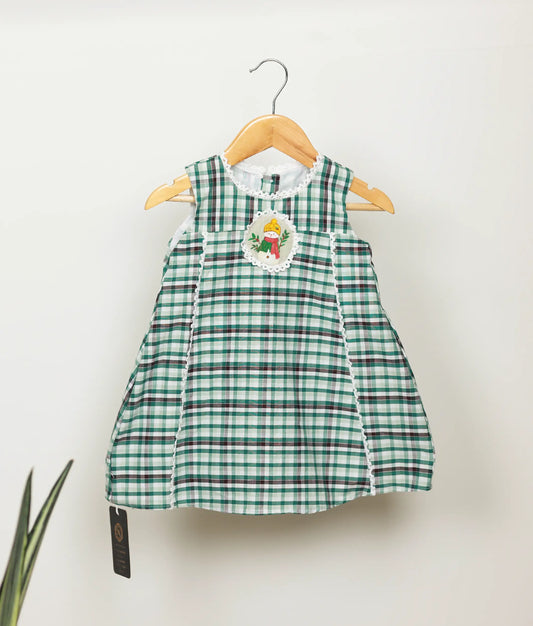 Front view of green check cotton embroidery Christmas frock  