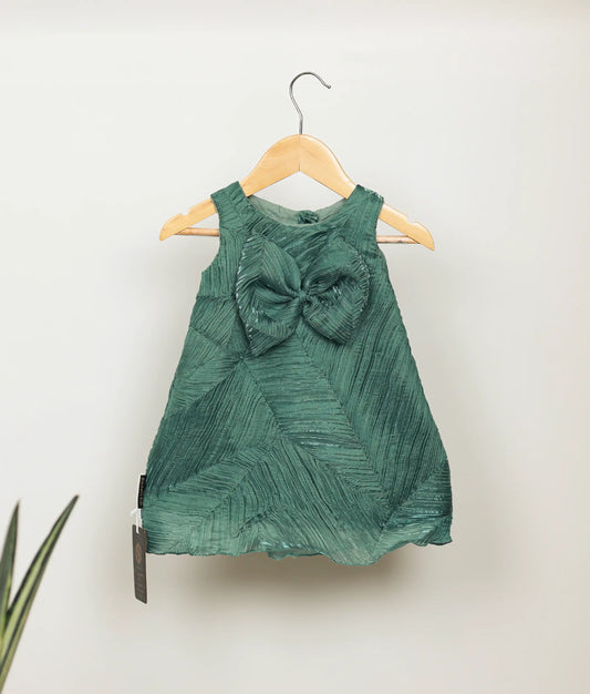 Front view of bottle green tuck organza a-line christmas frock 