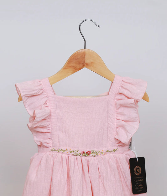 Pastel Pink Embroidered Linen Frock for Baby Girl [Ready To Ship: 5583]